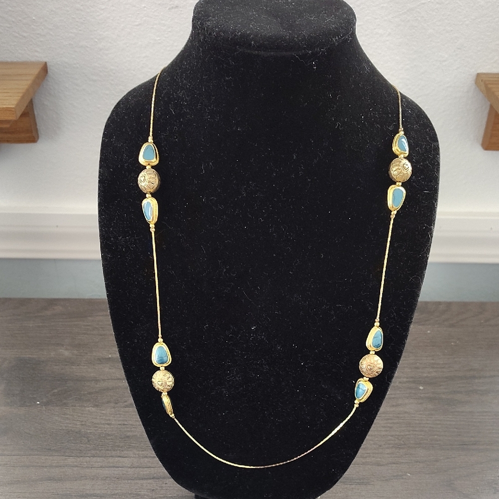 Blue And Gold Colored Necklace. 35 Inches Long